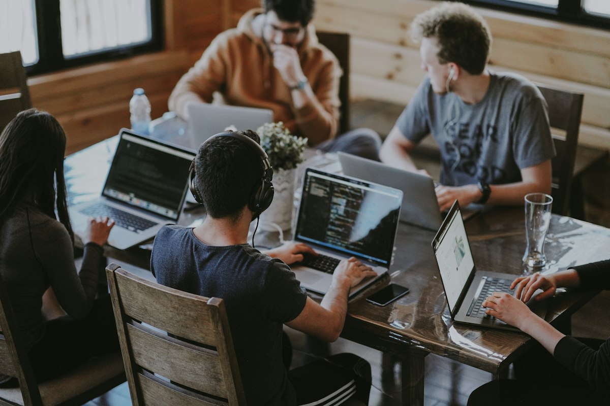 Team collaborating around a table